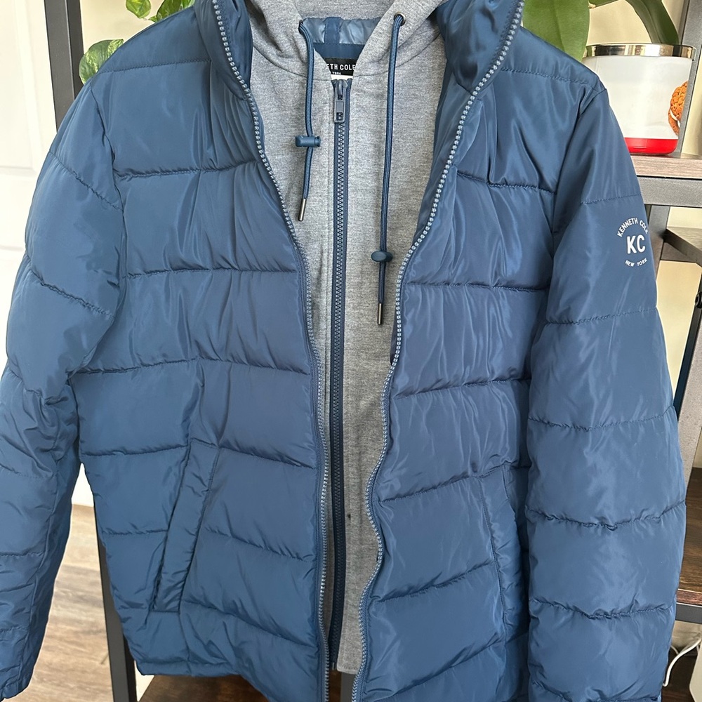 Kenneth Cole Hooded Faux Memory CF Puffer Jcket with Jersey Bib - Size S - NWT